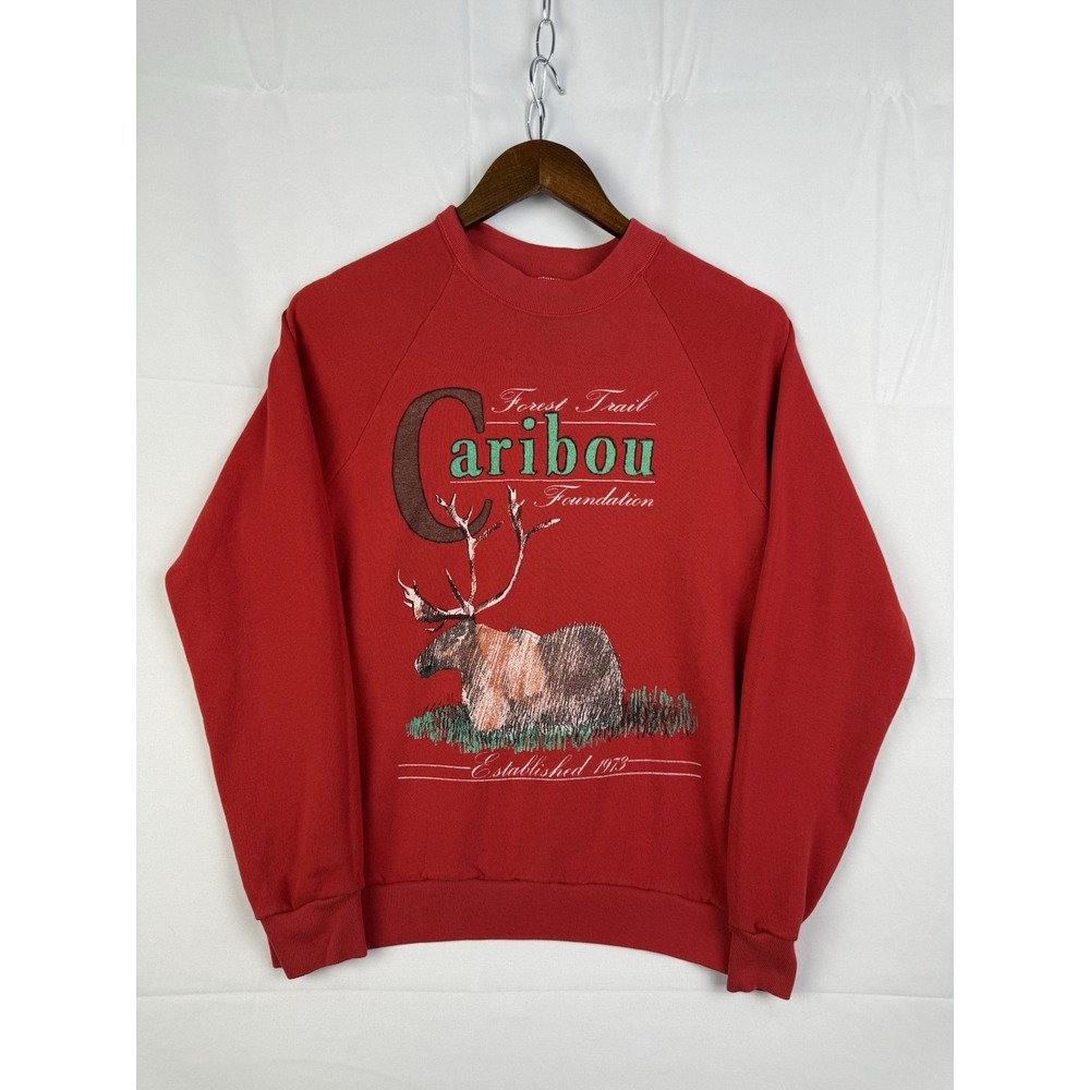 Vintage 80s 90s Forest Trail Caribou Crewneck Red Gorpcore Wildlife Nature Sz. S